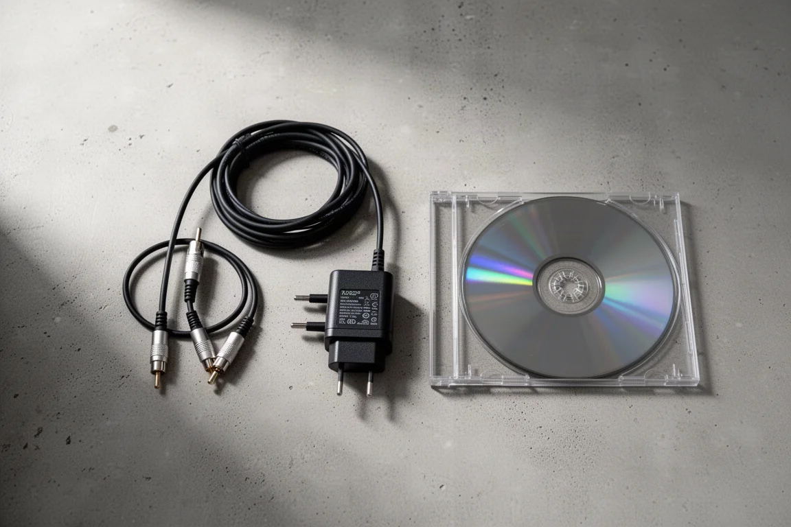 Flat-lay van een 3,5 mm naar RCA-kabel, voedingsadapter en compact disc op beton