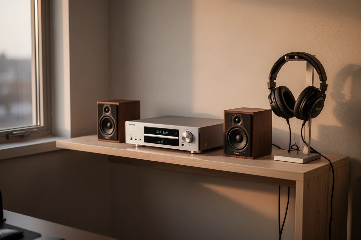 Compacte stereorek opstelling met CD-speler, kleine speakers en hoofdtelefoon