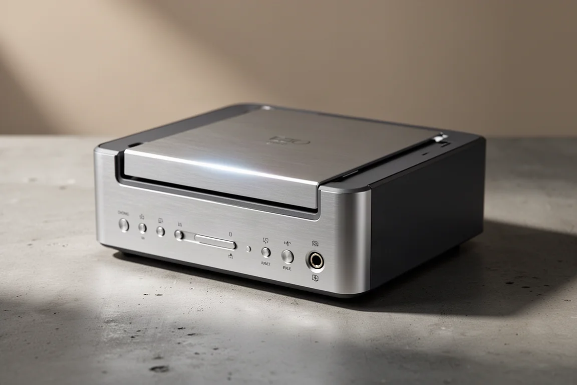 Compact metal CD player with a top-opening lid photographed on a concrete surface