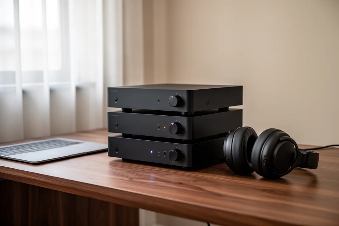 Desktop hi-fi components stacked on a walnut desk beside a laptop in daylight