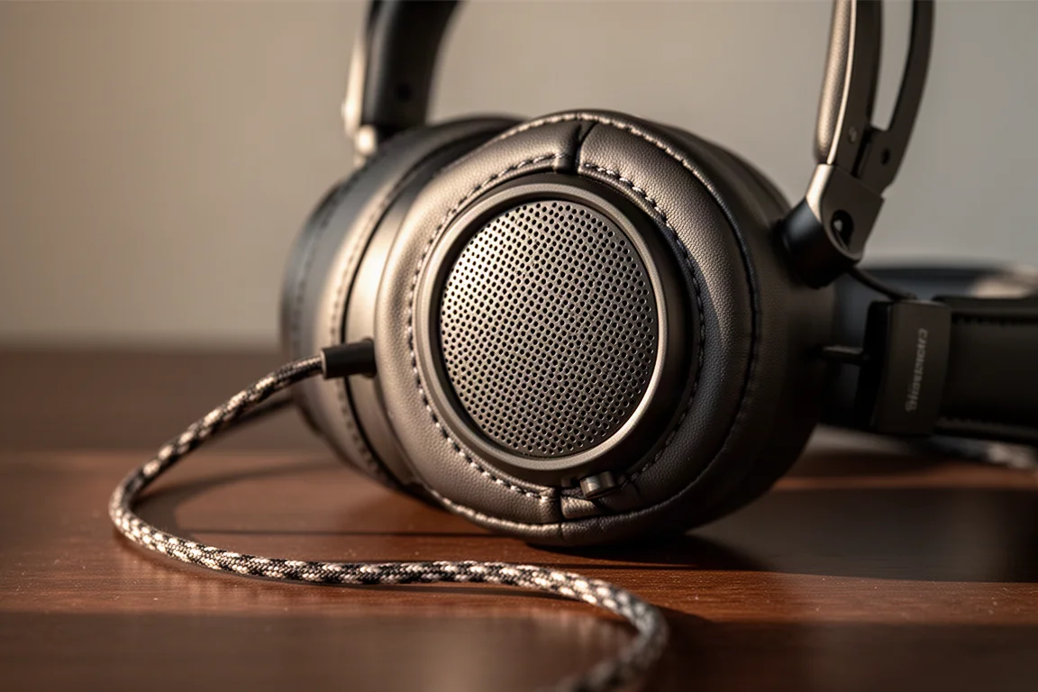 Close-up of a headphone earcup grille and braided cable on dark wood
