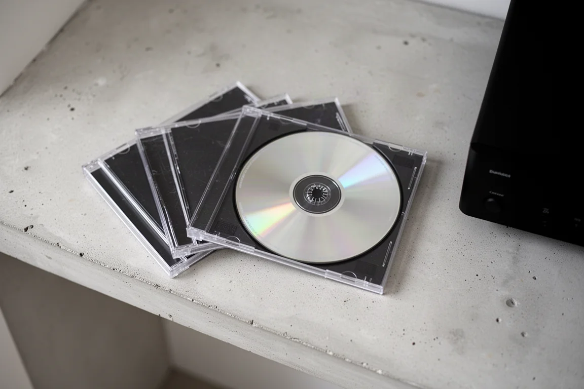 Overhead view of CD jewel cases fanned on concrete with a disc out of its case