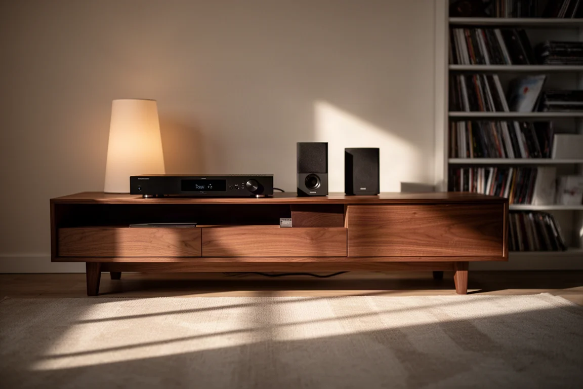Living room at dusk with a wood media console, amplifier, and speaker
