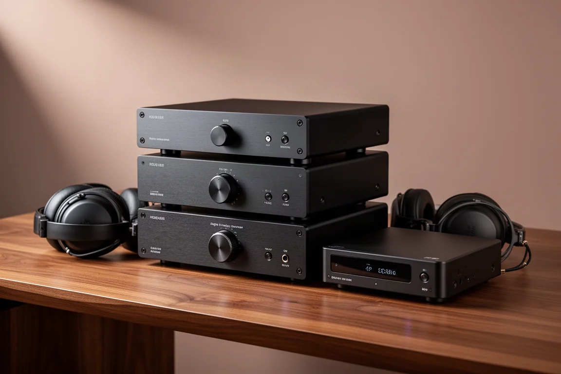 Compact desktop hi-fi components and over-ear headphones arranged on a walnut desk