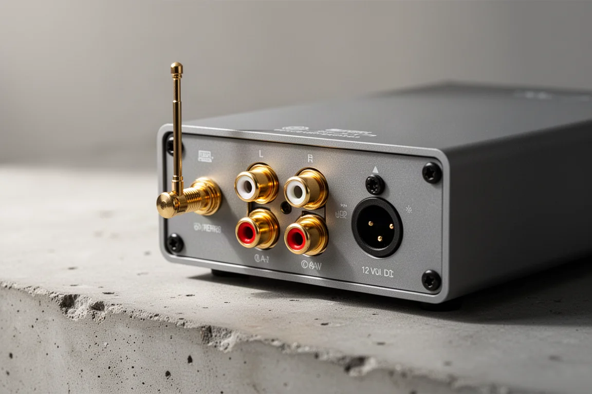 Achterpaneel van een compacte voorversterker met RCA-aansluitingen, antenne en stroomingang