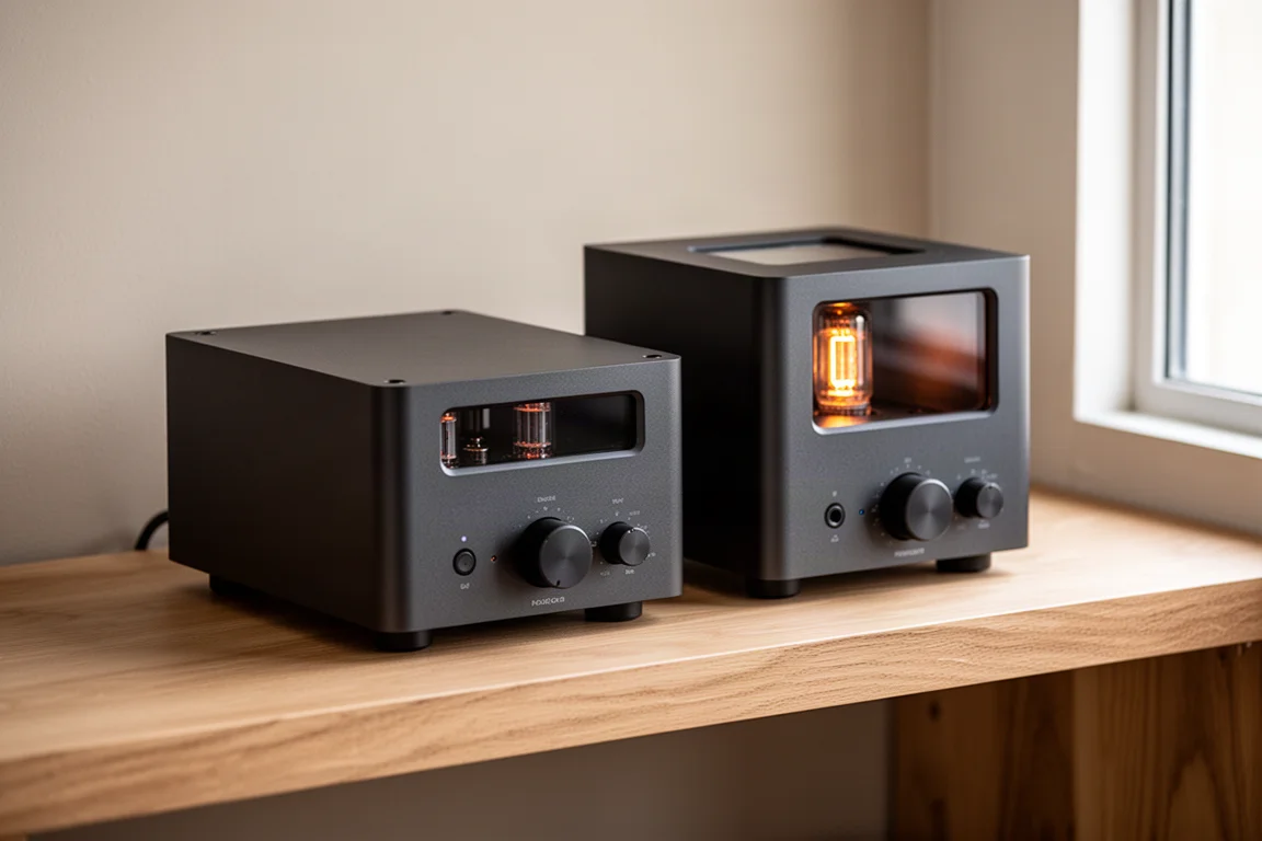 Twee bijpassende compacte audiocomponenten naast elkaar op een licht eiken plank
