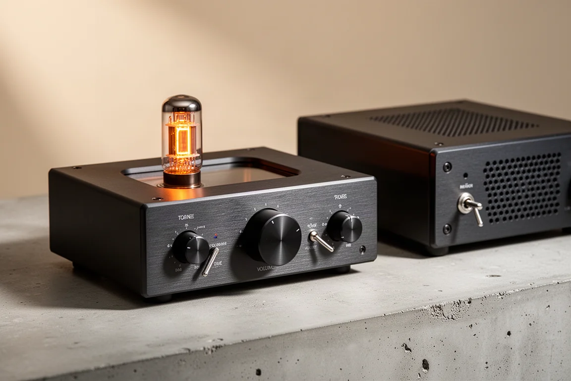 Compact tube preamplifier beside a matching compact amplifier on a concrete surface