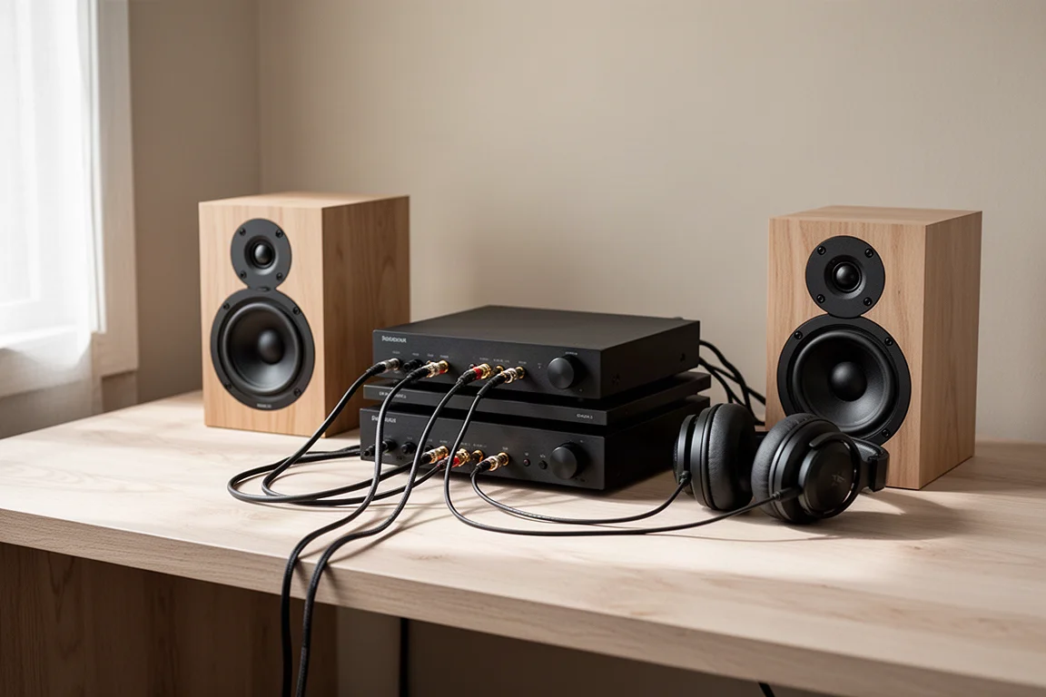 Kompaktowy zestaw hi-fi na biurku z małymi głośnikami na drewnianym blacie