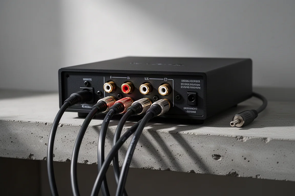 Tylny panel kompaktowego sprzętu audio z podłączonymi kablami RCA