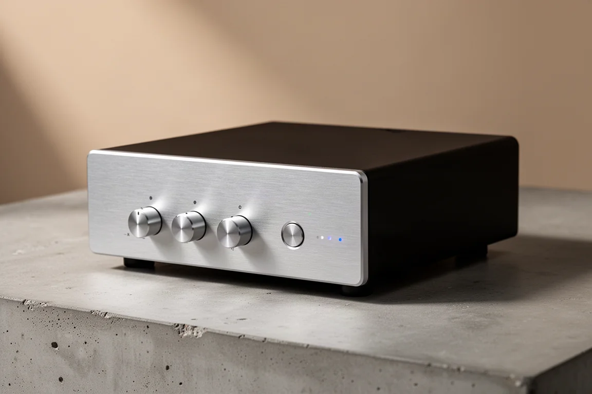 Compact silver and black desktop preamplifier with three knobs on a concrete surface