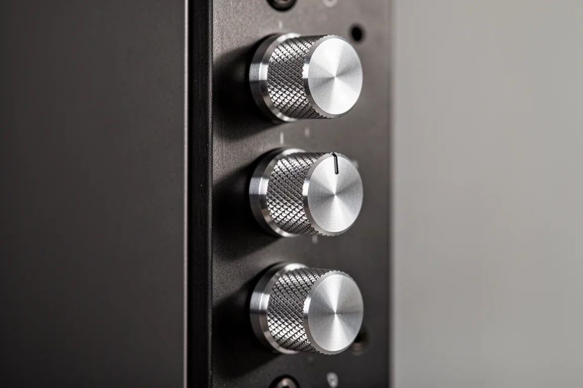 Primo piano delle manopole di controllo in alluminio zigrinato su uno chassis audio in metallo scuro