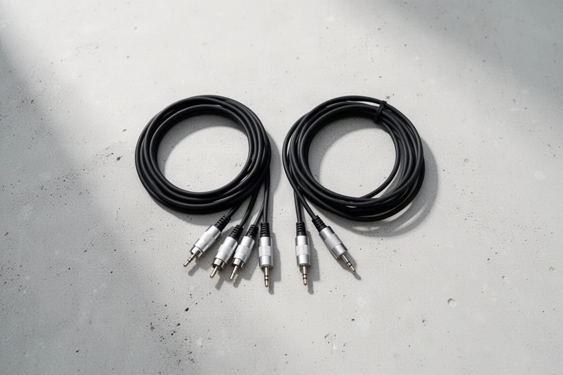 Due cavi audio RCA a 3,5 mm avvolti e disposti su una superficie in cemento
