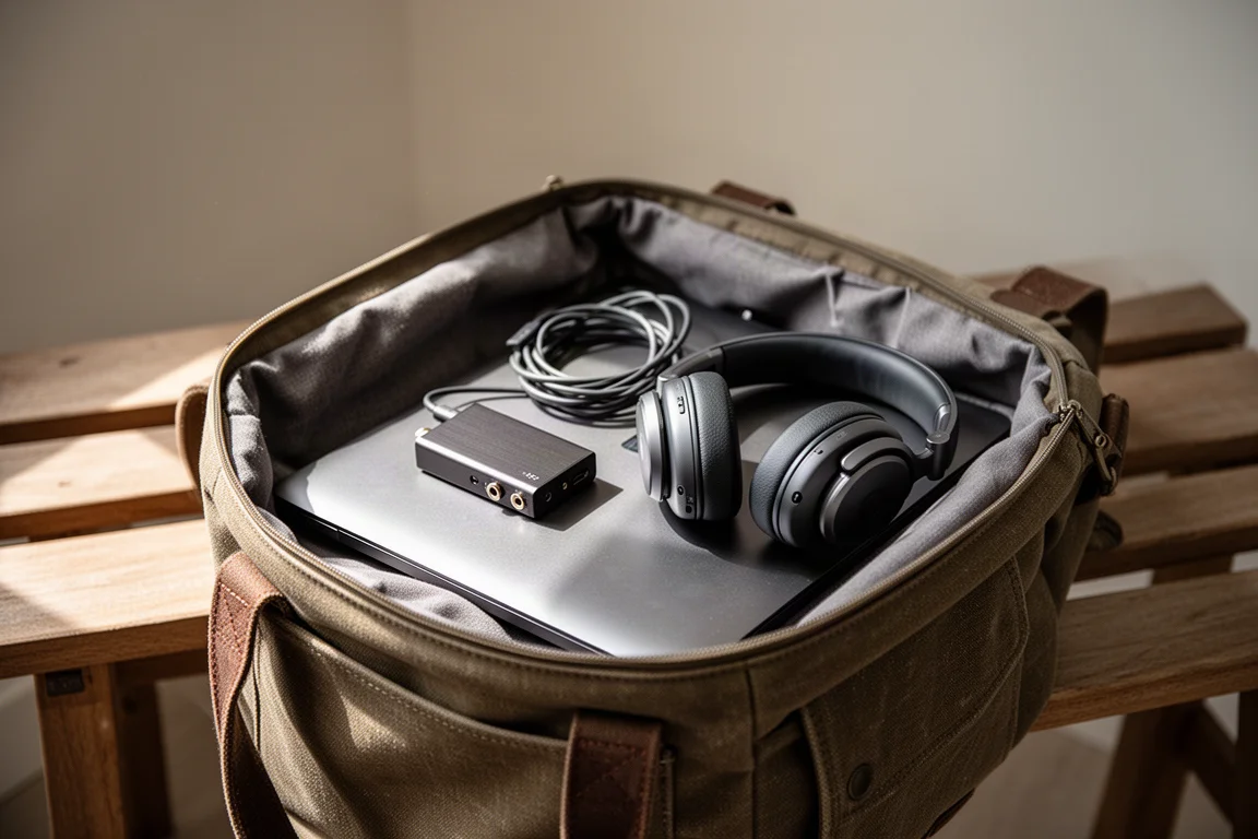 Dispositivo audio compatto e cuffie riposti dentro una borsa per laptop aperta