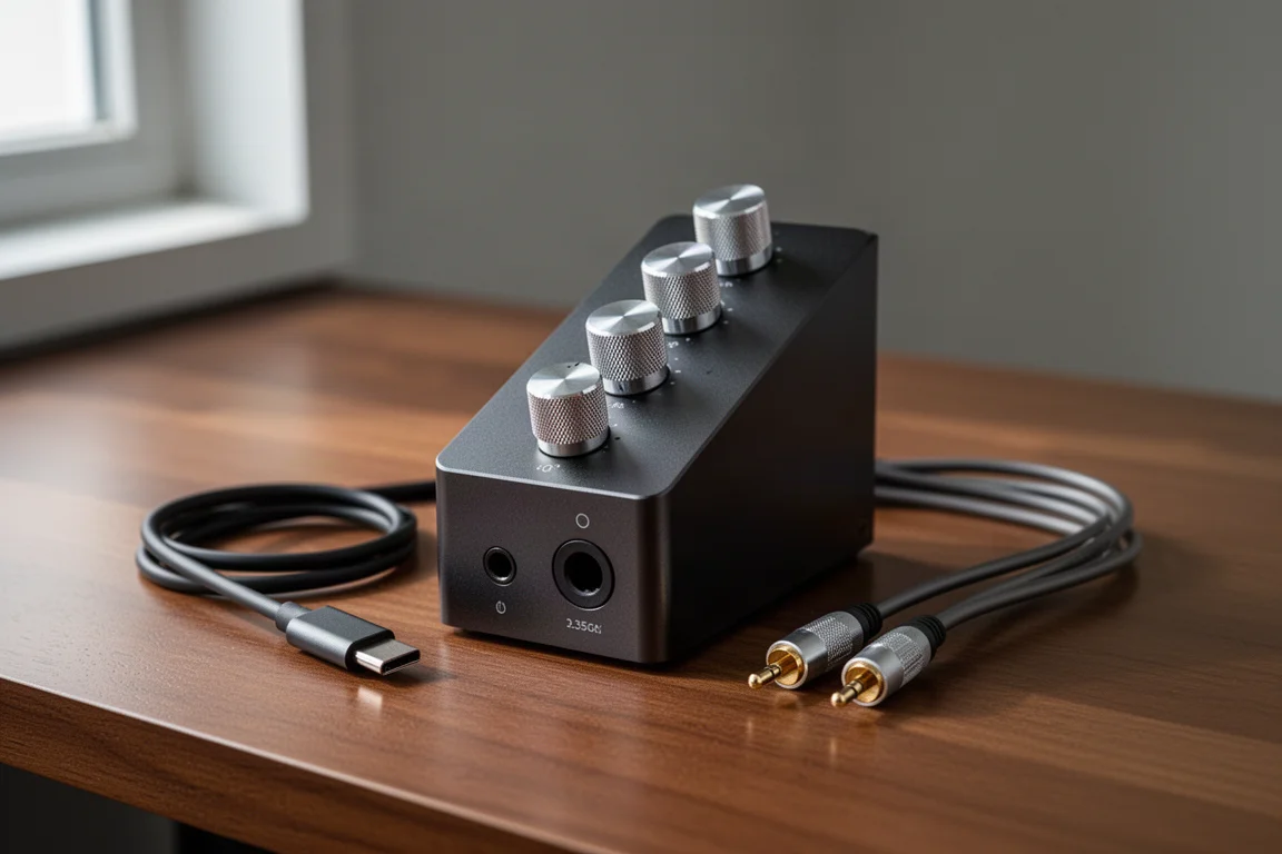 Compact dark metal audio device with four aluminum knobs on a wood desk