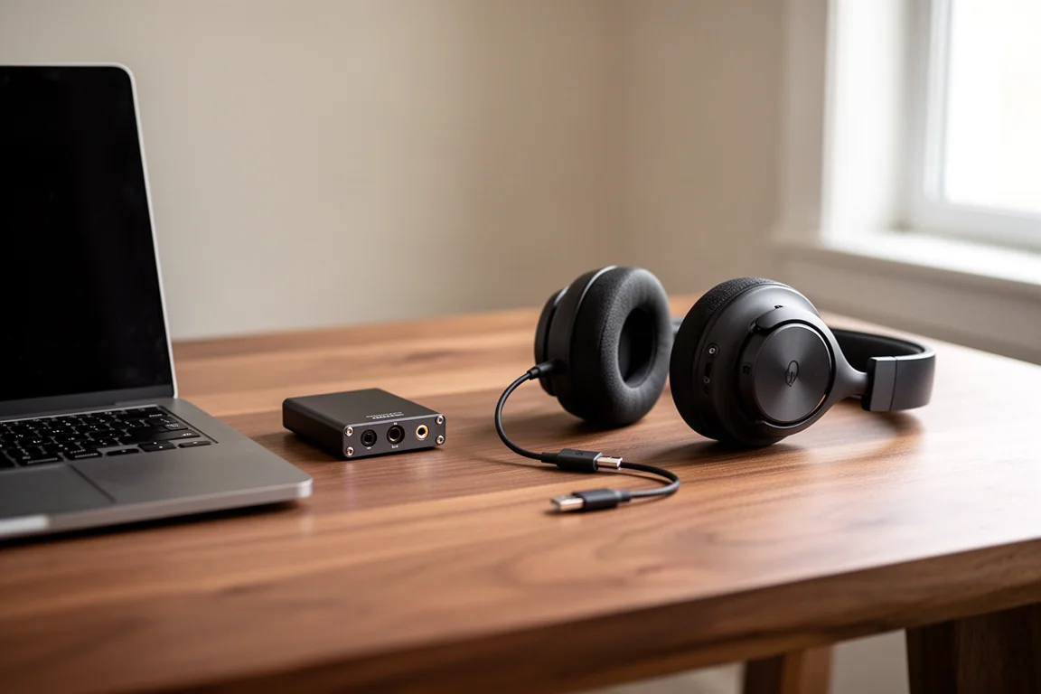 Notebook e conversor de áudio compacto de mesa sobre uma mesa de madeira ao lado de fones circumaurais