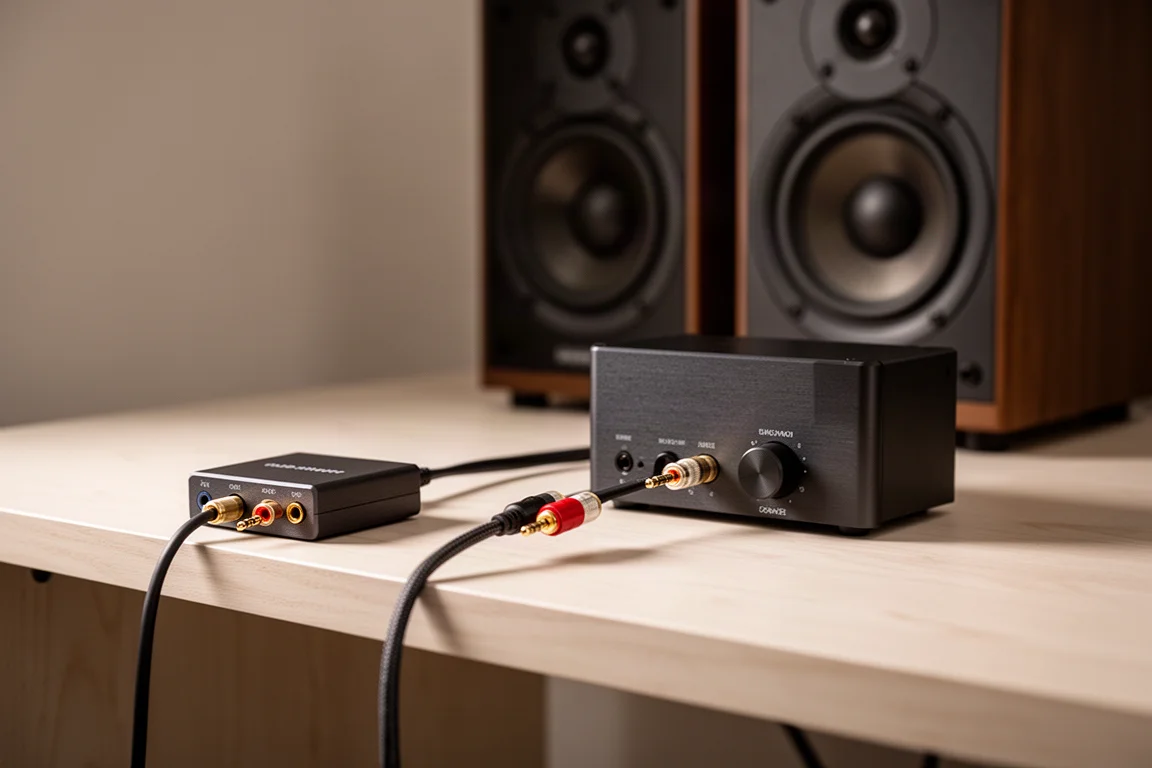 Amplificador de fones compacto conectado a um pequeno amplificador de caixas em uma prateleira