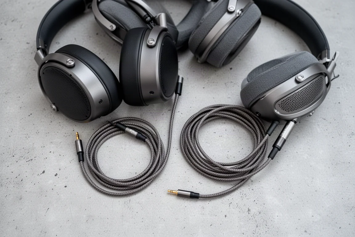Cabo balanceado para fones e fones planares circumaurais apoiados sobre uma mesa