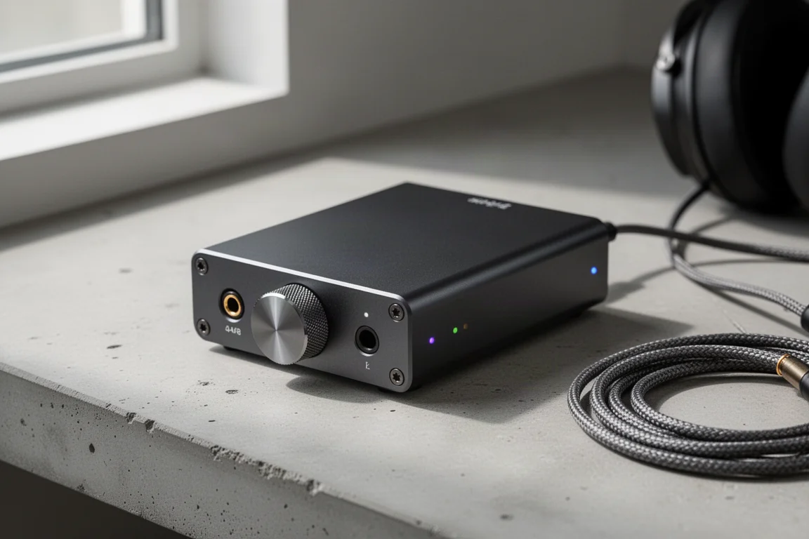 Compact dark aluminium desktop DAC and headphone amplifier on a pale concrete desk surface