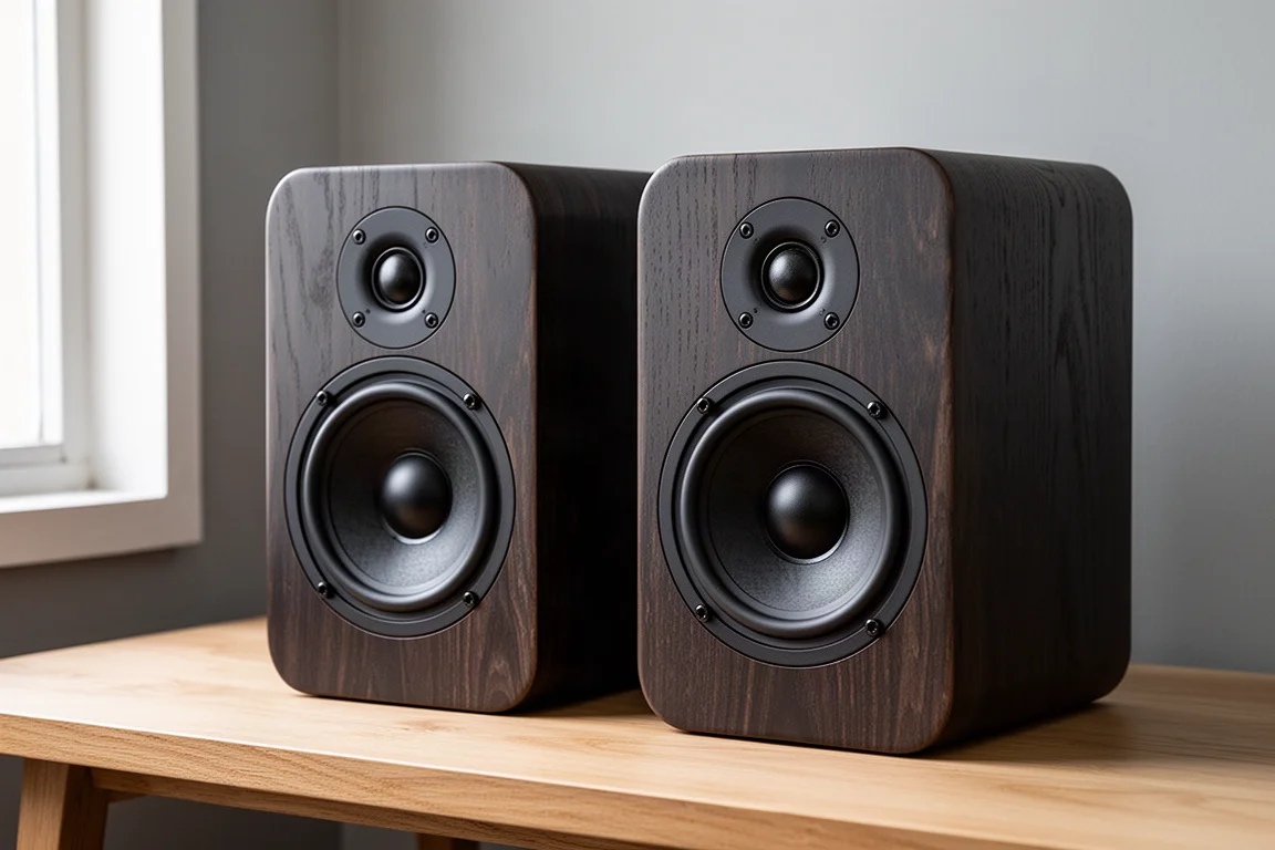 Pair of curved bookshelf speakers with copper woofers on a walnut console beside an amplifier