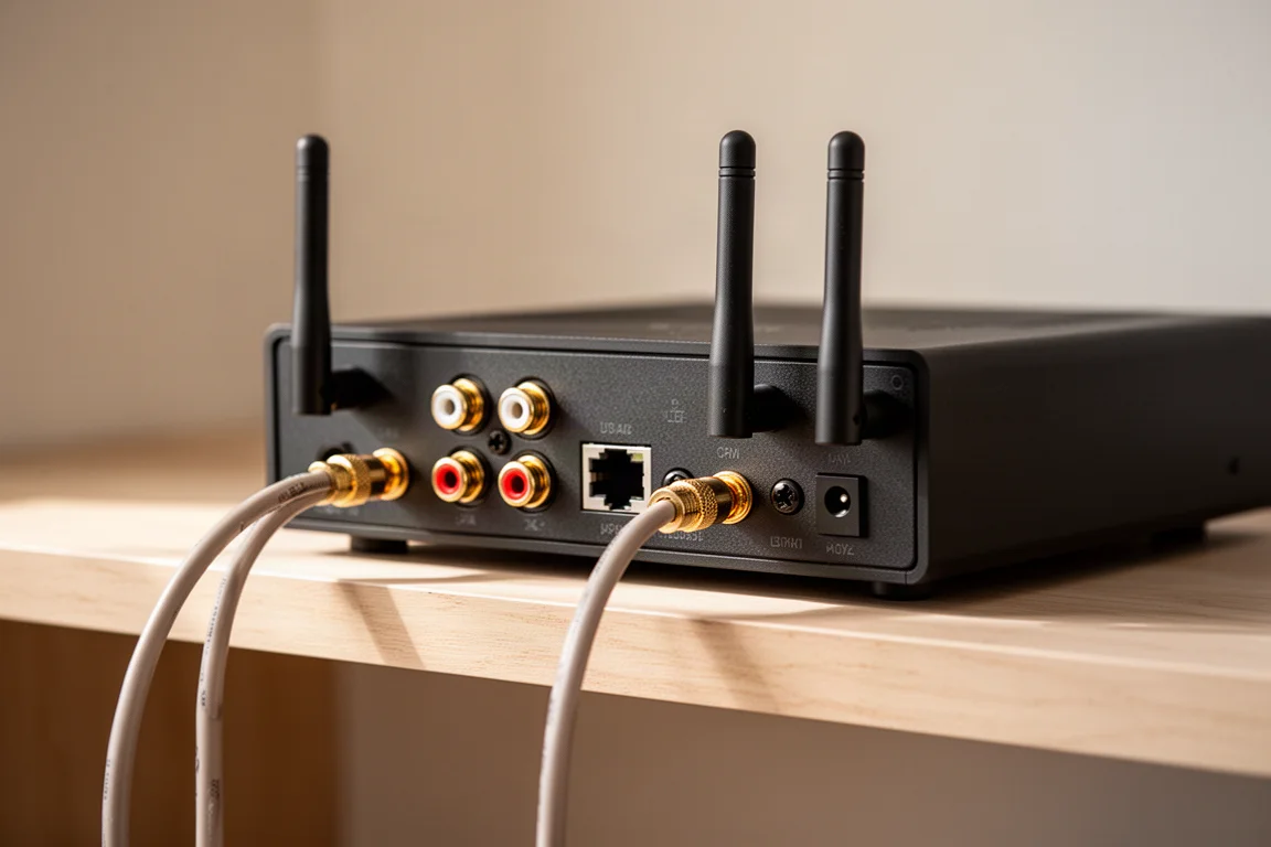 Baksidan av en kompakt förstärkare med högtalarterminaler, RCA-kontakter, en Ethernet-port och två små antenner