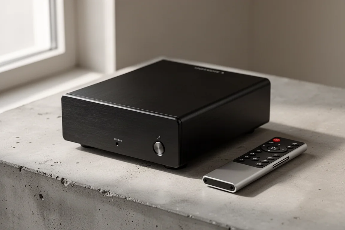 Compact matte black desktop amplifier with a slim remote on a concrete surface