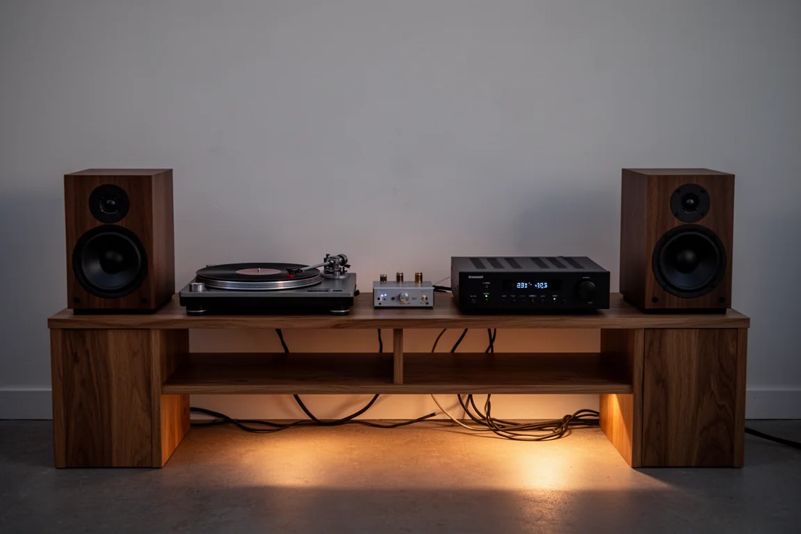 Flat-lay di cavi RCA, banane e un piccolo amplificatore su cemento