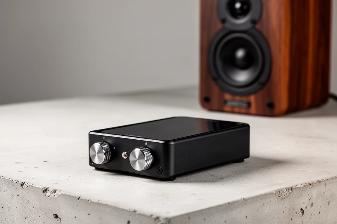 Compact desktop class D amplifier with power supply and speaker cable on concrete