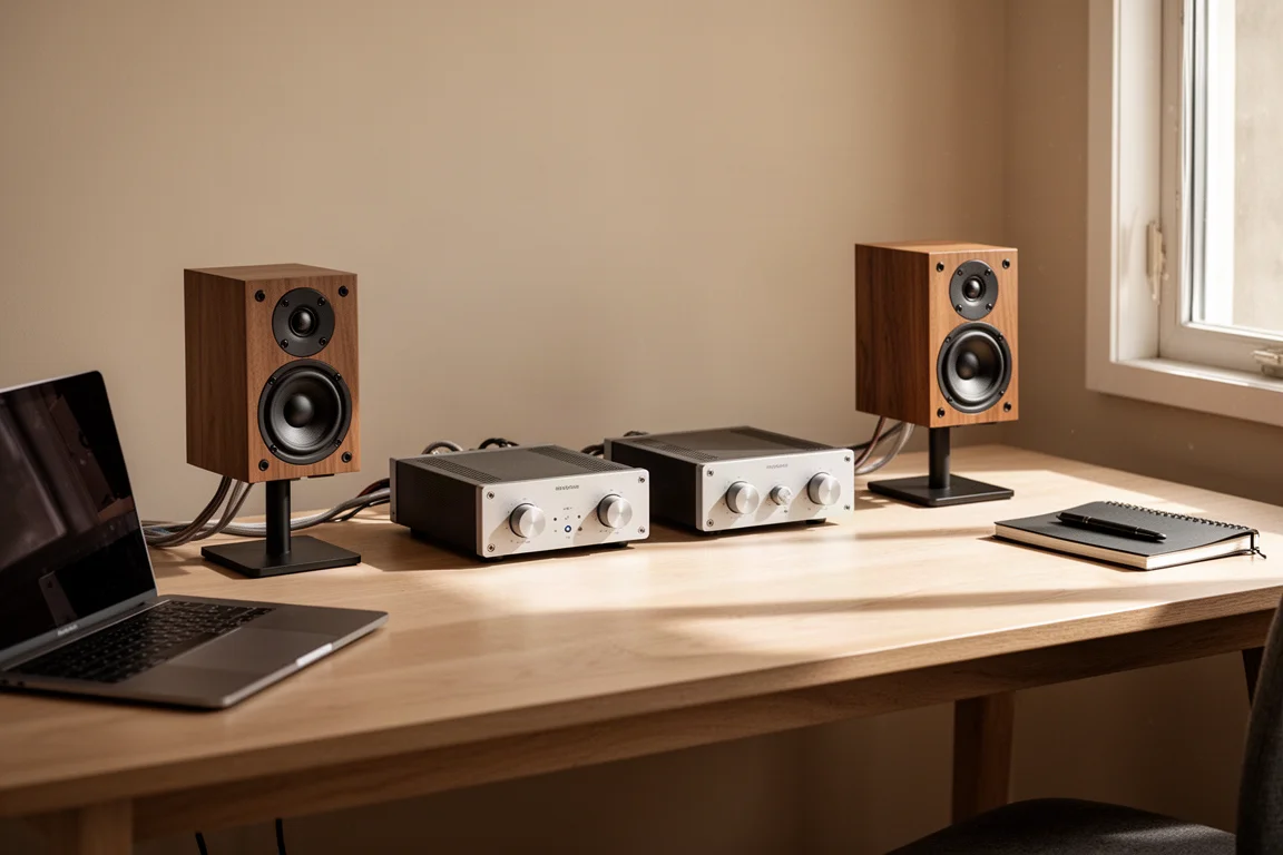 Prateleira de hi-fi compacta com pequeno amplificador preto e caixas bookshelf