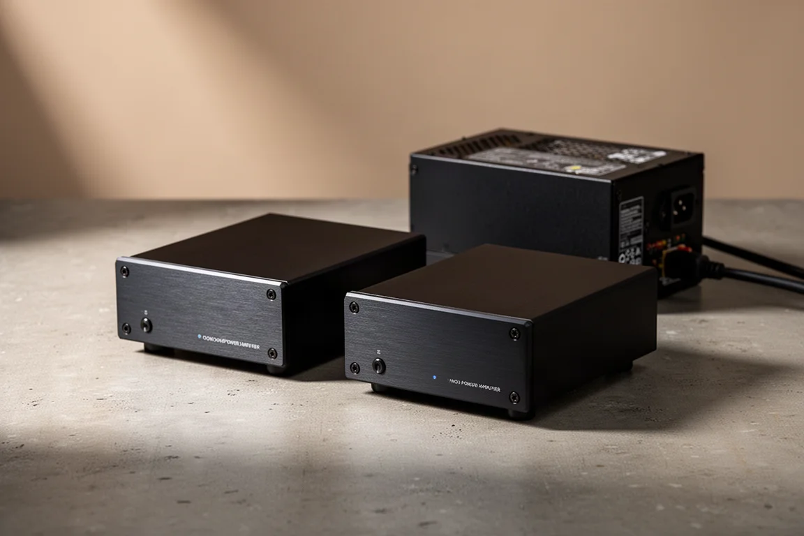 Small black monoblock amplifier next to its larger external power supply on concrete