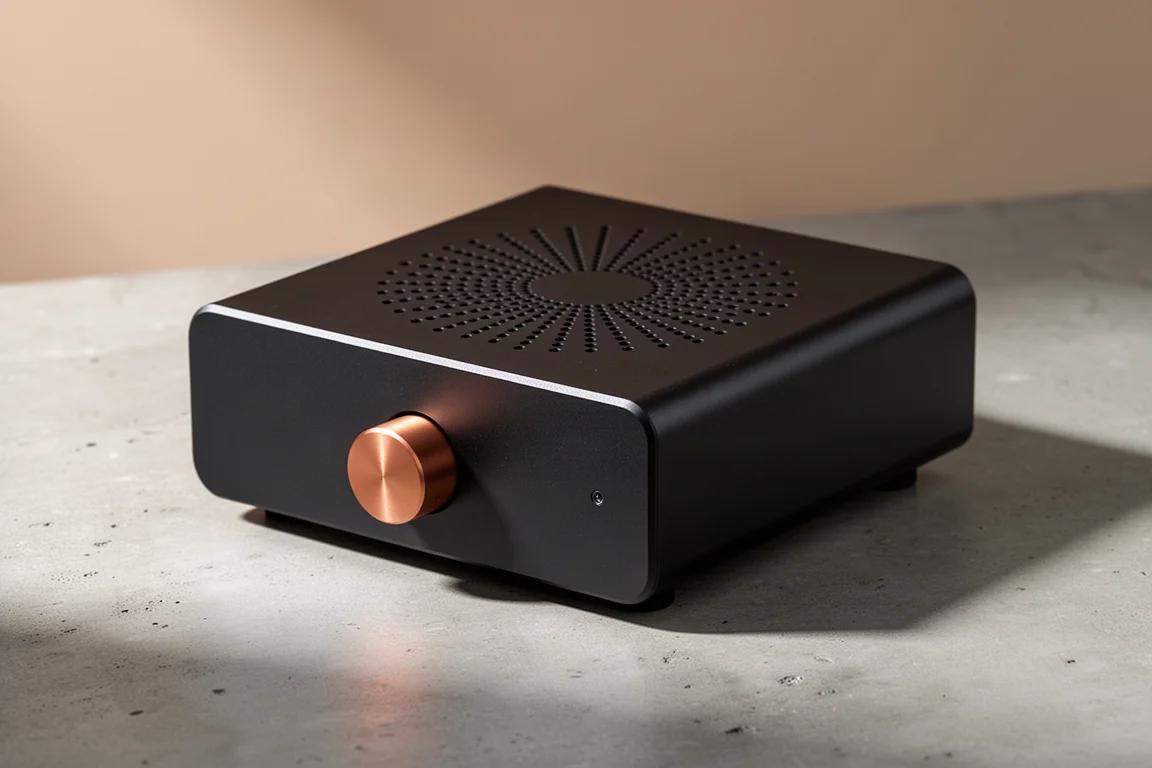 Compact desktop stereo amplifier with a metal volume knob on a concrete surface