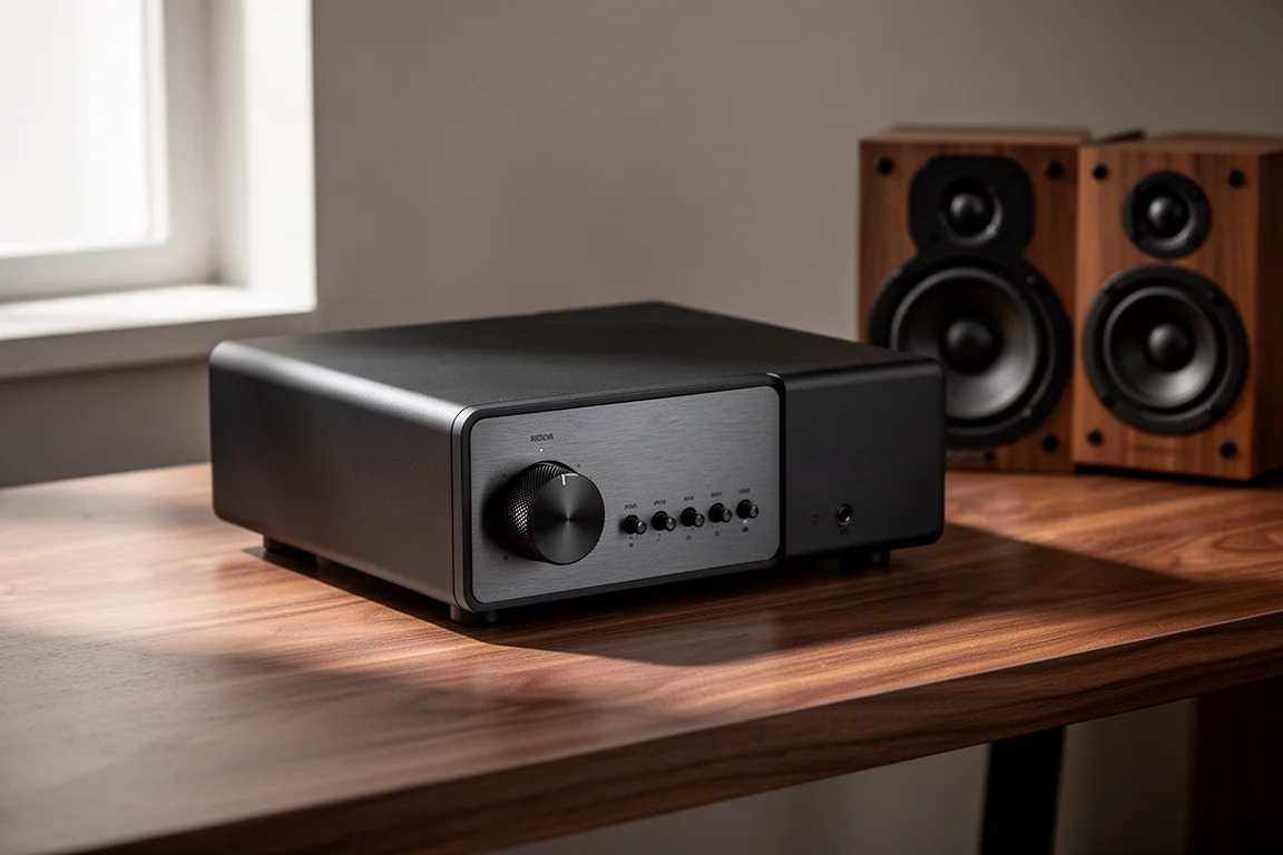 Compact aluminum stereo amplifier with orange volume knob on a concrete surface