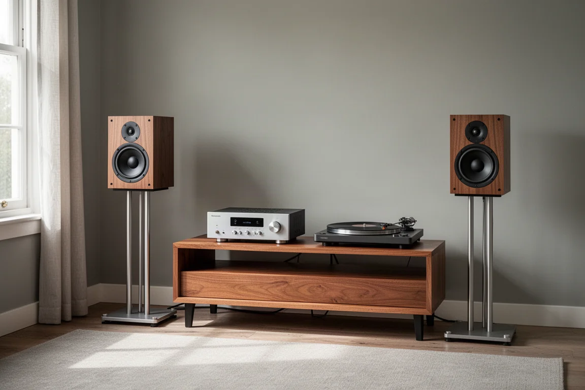 Setup de hi-fi compacto com caixas bookshelf sobre pedestais ao lado de uma prateleira de madeira baixa à luz do dia
