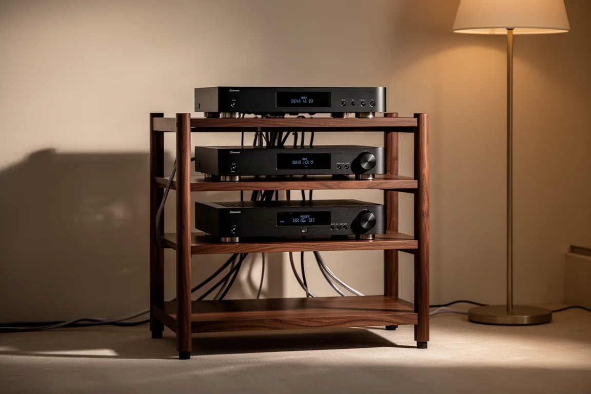 Rack de hi-fi organizado com componentes bem empilhados e cabos roteados sob luz quente