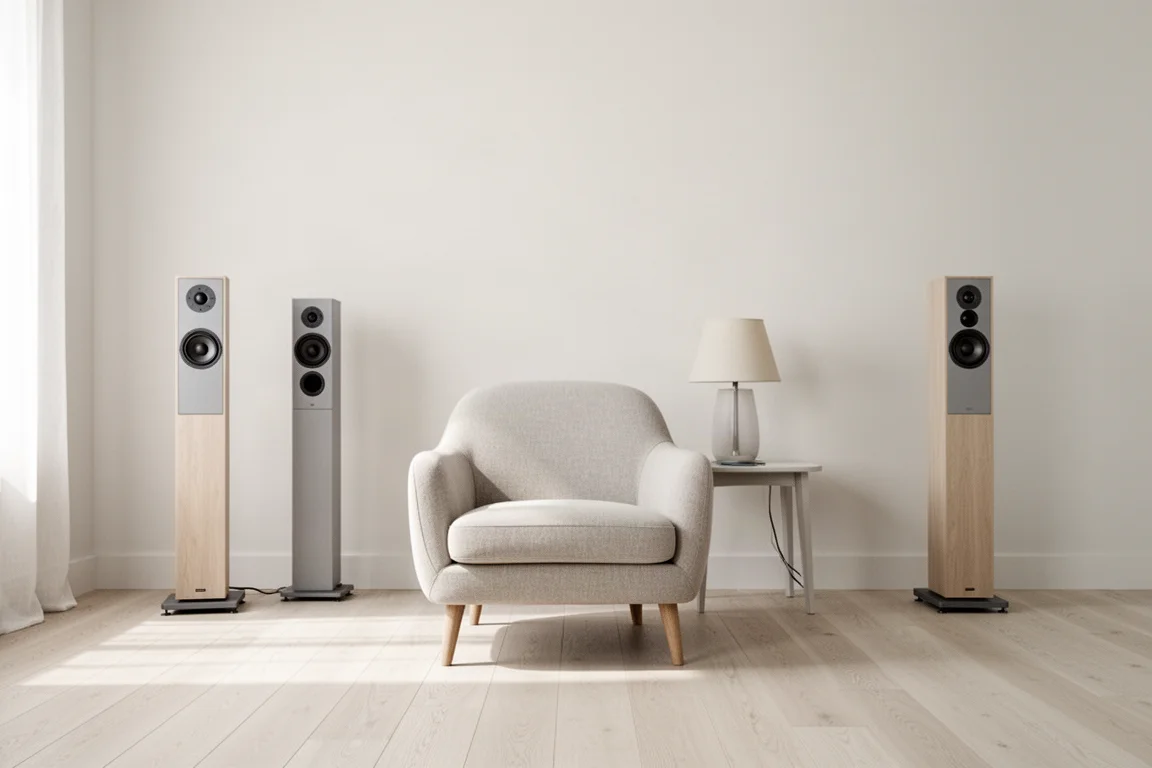 Poltrona de audição voltada para um par de caixas torre em sala minimalista e iluminada