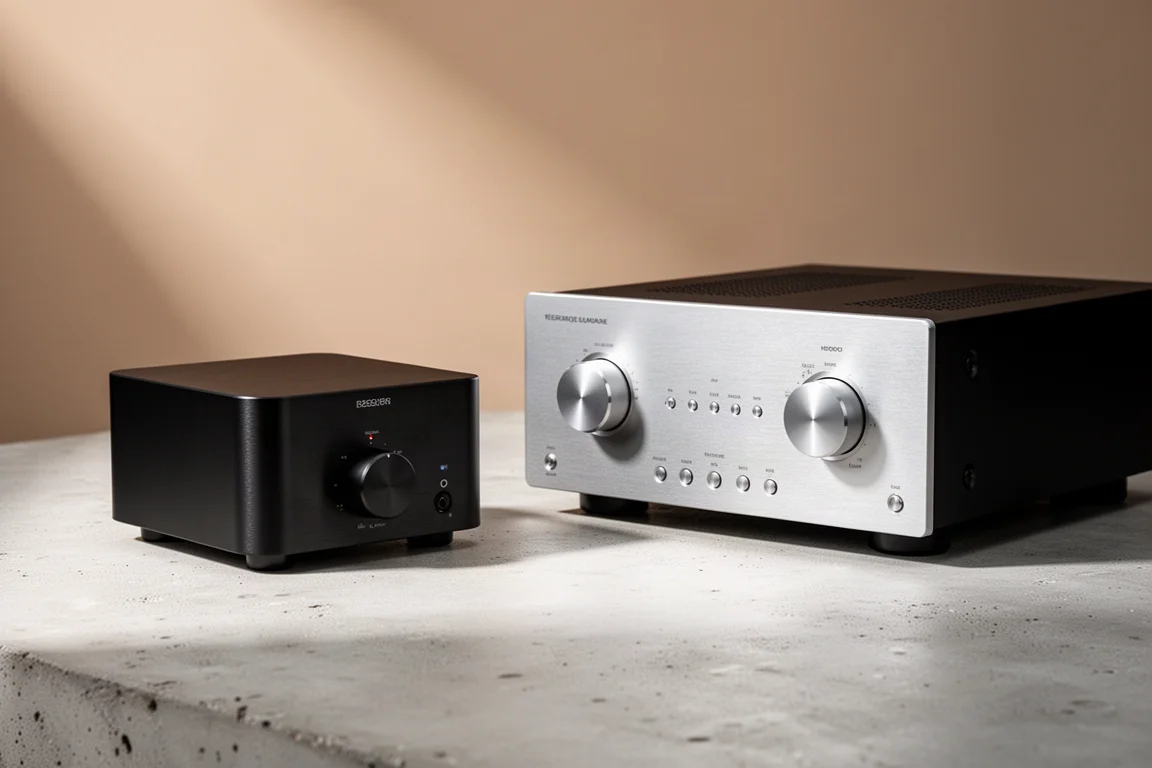 Compact black desktop amplifier beside a full-width silver integrated amplifier on a concrete surface