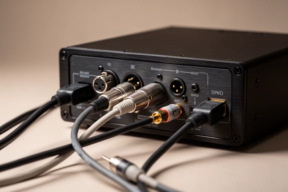 XLR, RCA, HDMI 케이블이 연결된 블랙 오디오 기기의 후면 패널