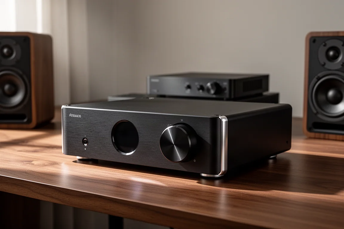Fosi Audio ZD3 desktop DAC with circular display on a walnut desk beside an amplifier