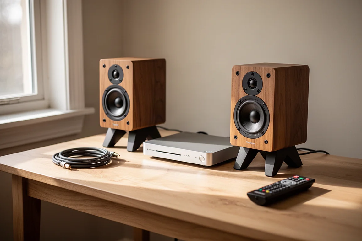 Compact desktop audio setup on a light oak desk beside a window