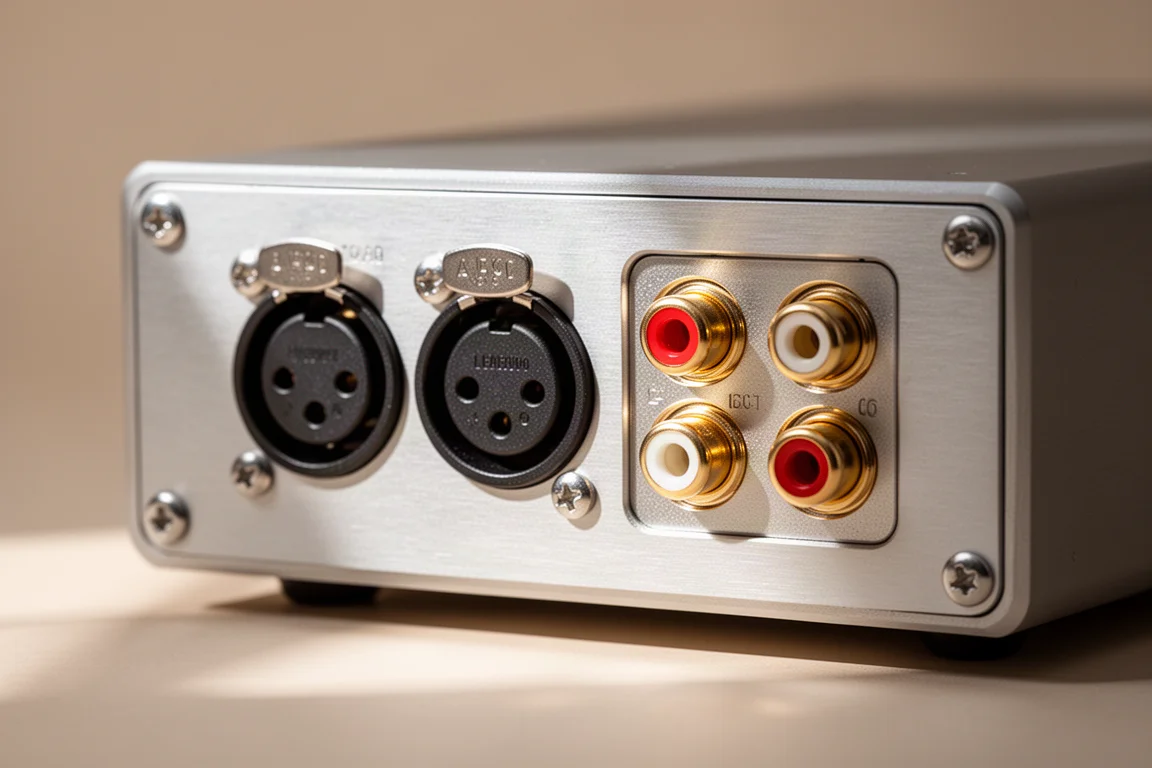 Macro view of balanced XLR and RCA output sockets on a brushed aluminium rear panel
