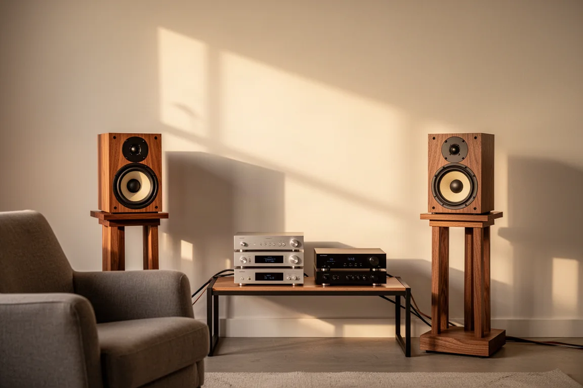 Living room listening corner with compact bookshelf speakers in warm afternoon light