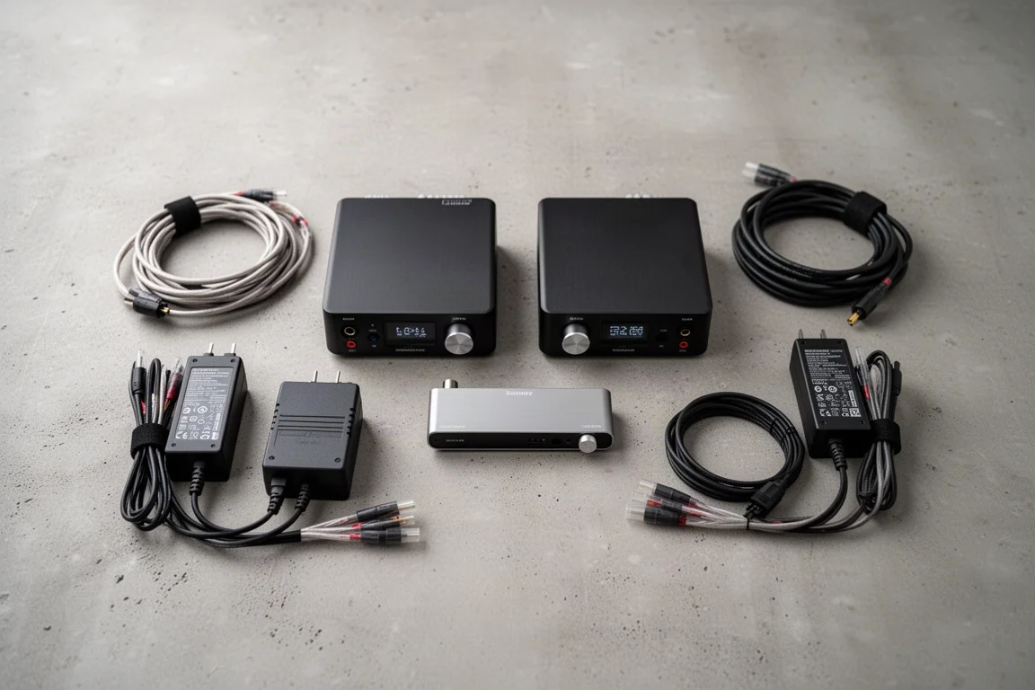 Overhead flat-lay of two small monoblock amplifiers, a slim DAC and coiled cables