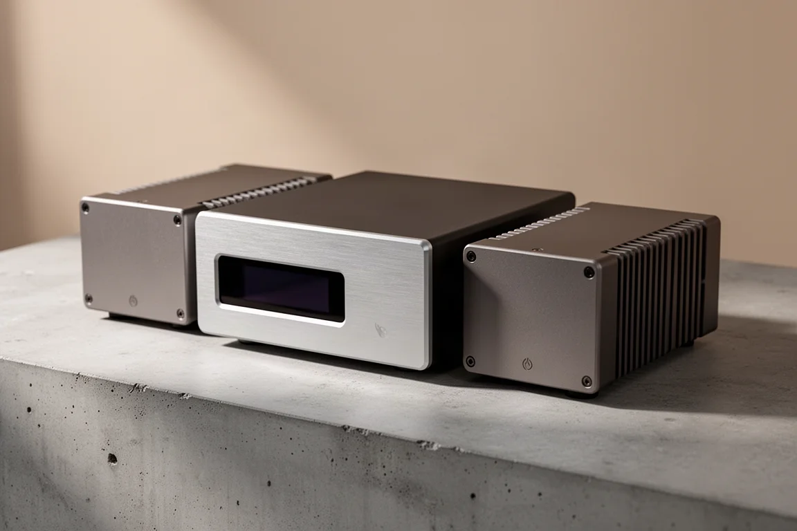 Compact desktop DAC and two small monoblock amplifiers arranged on a concrete surface