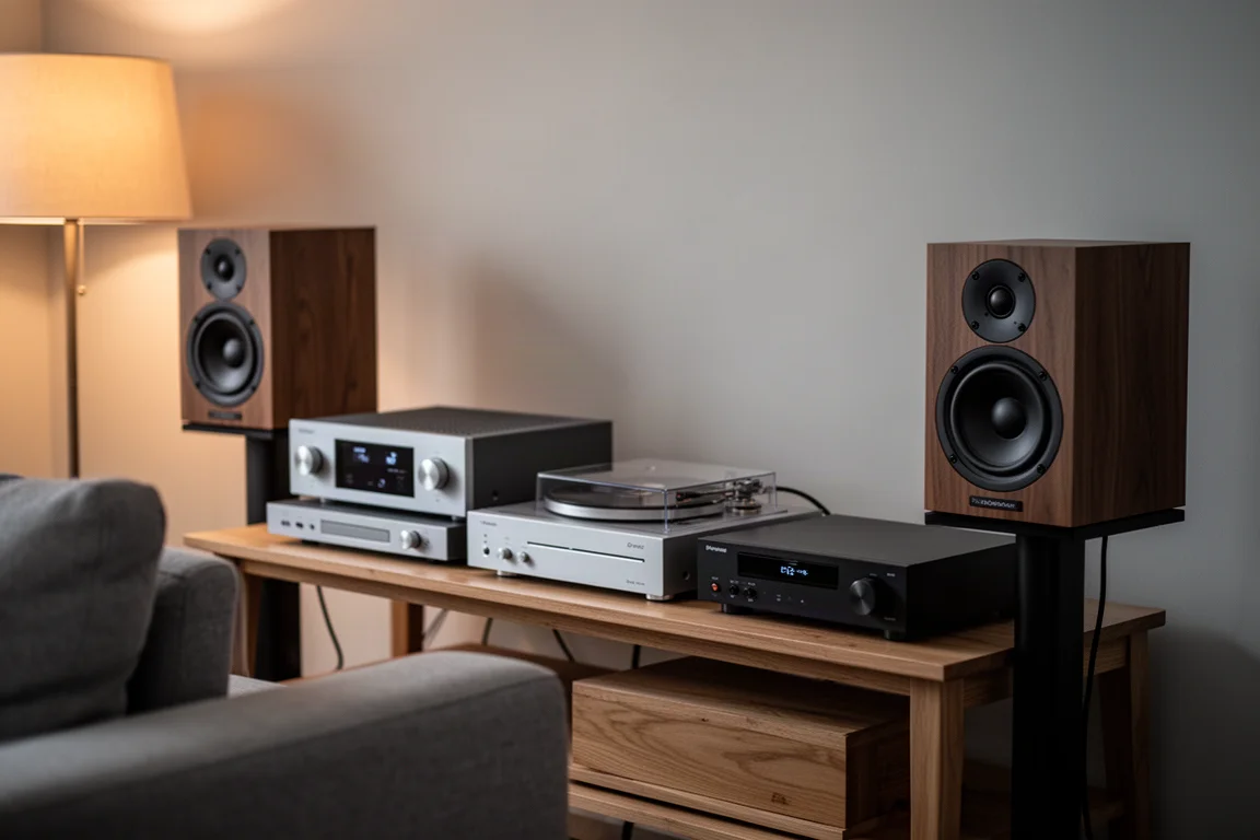 Hi-fi-separat staplade på en trähylsa i ett mjukt upplyst lyssnar rum
