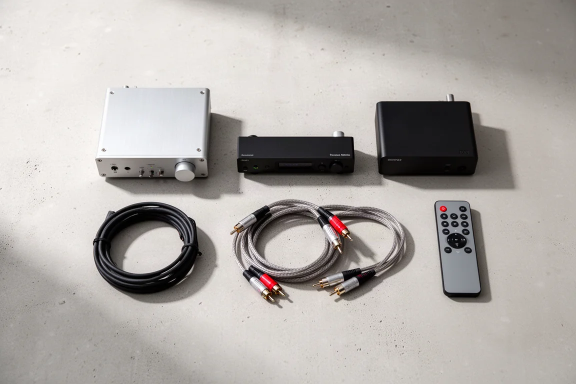 Ovanifrån plattbild av kompakta hi-fi-separat och kablage på betong
