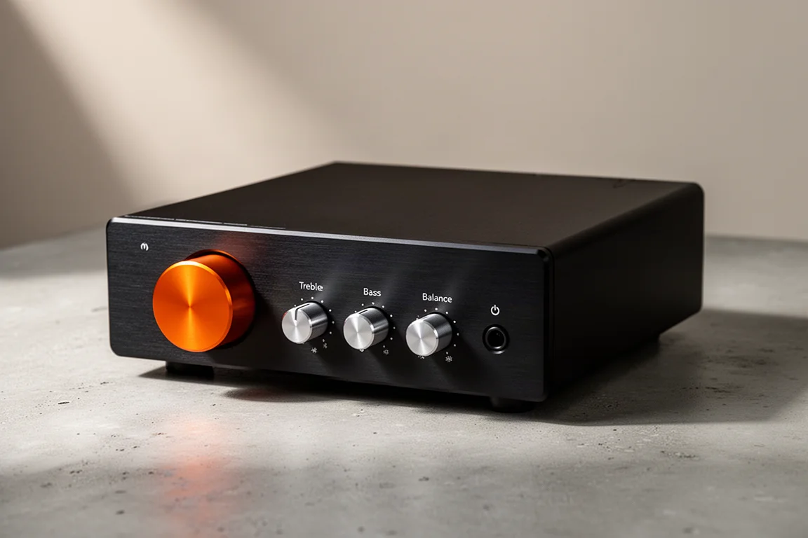 Compact black analog preamp with an orange volume knob and three control knobs