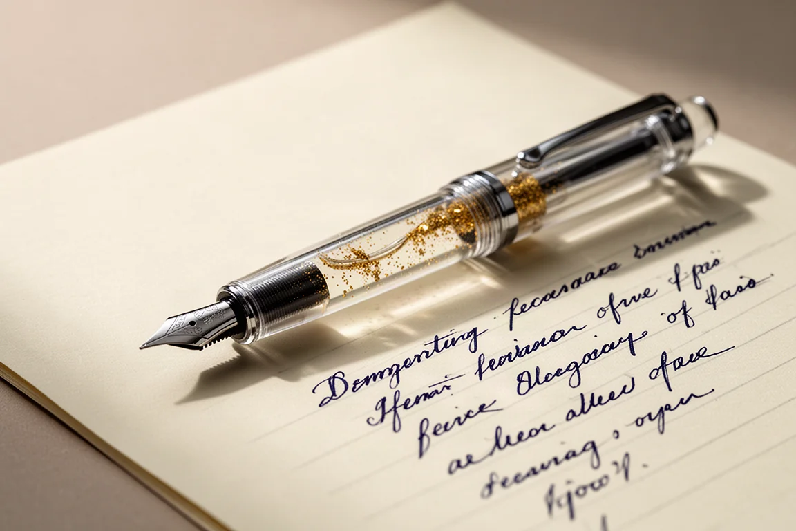Transparent fountain pen barrel with gold particles resting beside handwritten notes