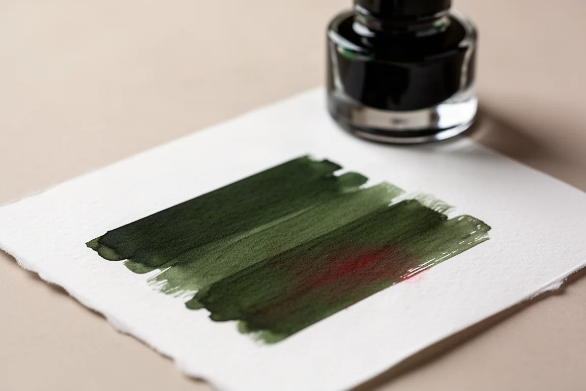 Deep mossy green fountain pen ink with a faint reddish sheen drying on white paper