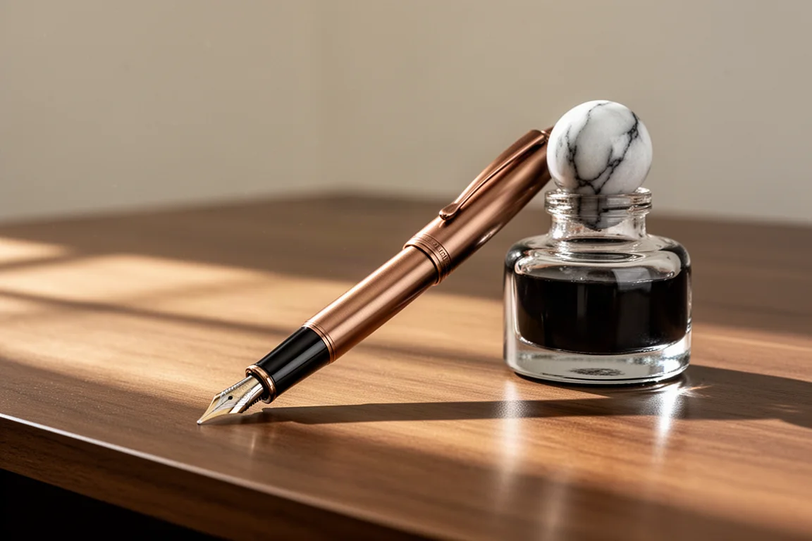 Bronze aluminium fountain pen resting on a desk next to a glass brown ink bottle
