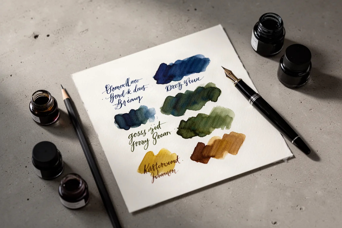 Handwritten swatch sheet comparing green, blue and brown fountain pen inks