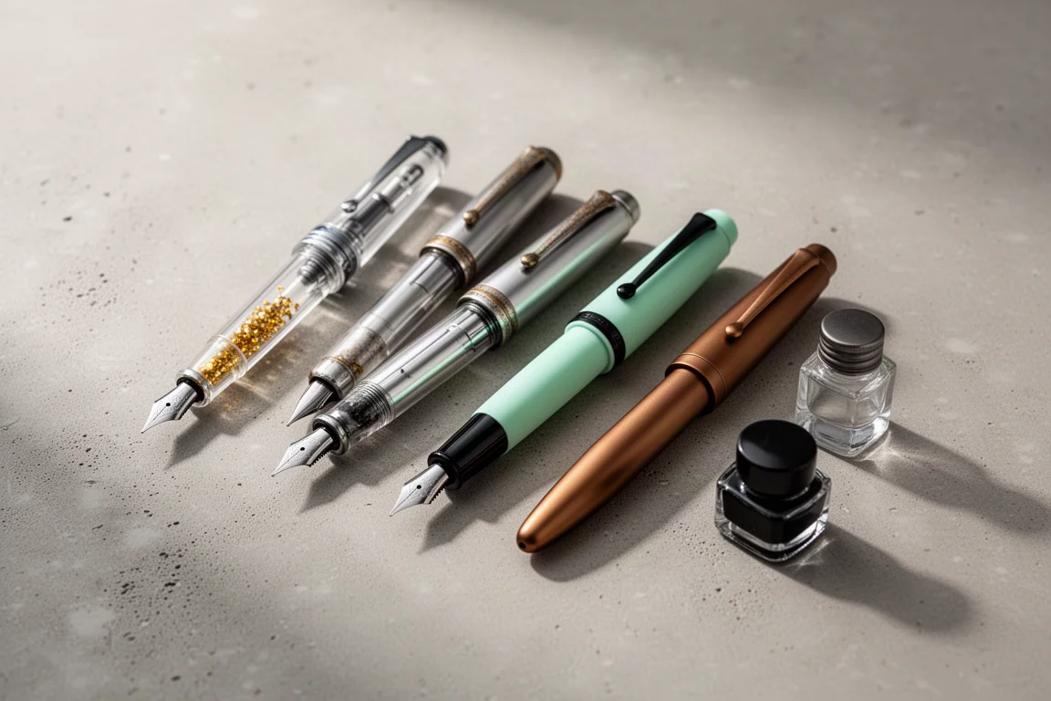 Seven fountain pens and ink bottles arranged on a concrete surface